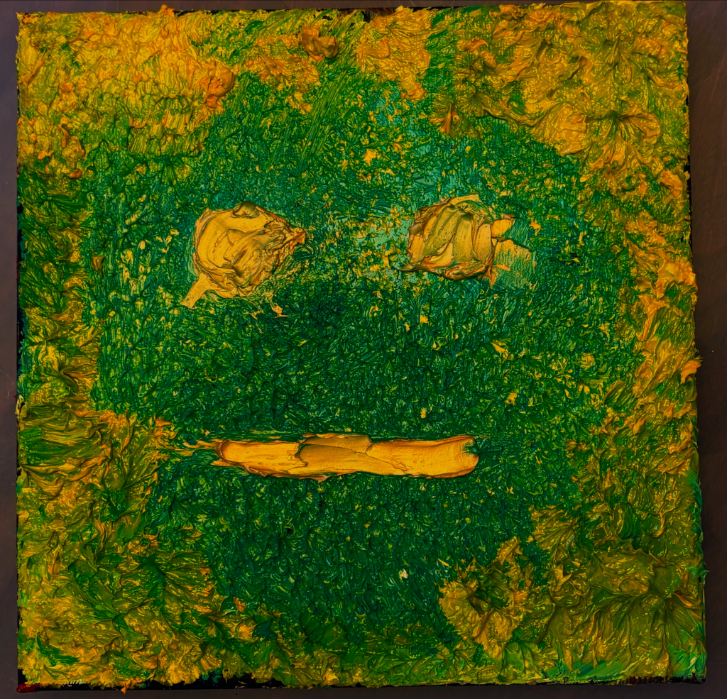 An abstract oil painting. Green and gold colors make a sort of face. 